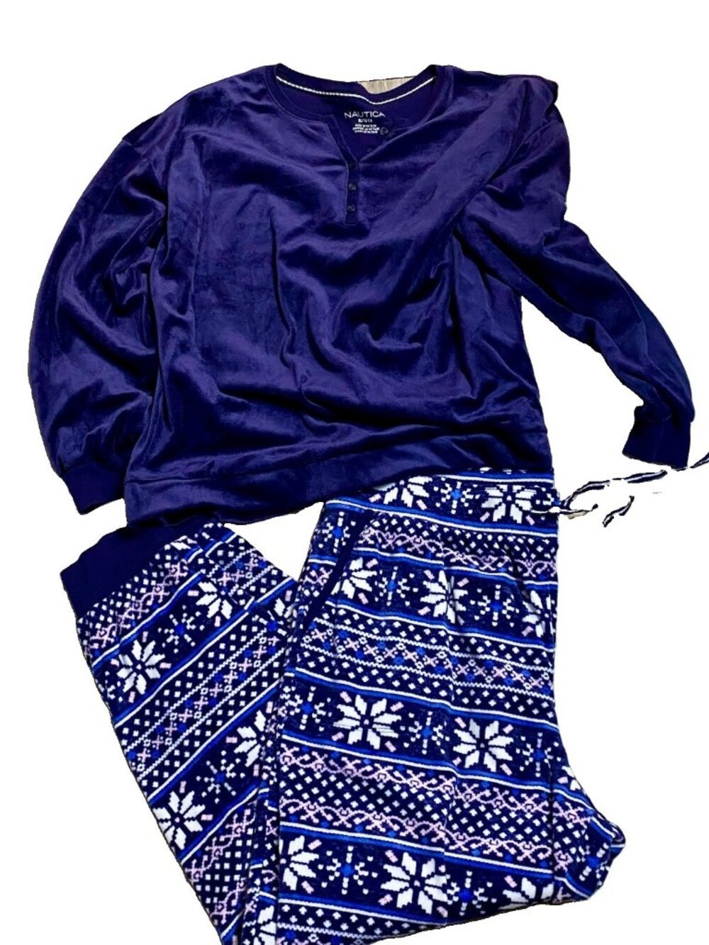 Nautica 2Pc Women's XL Sleepwear Set Soft Stretch Fleece Pajamas Navy Snowflakes